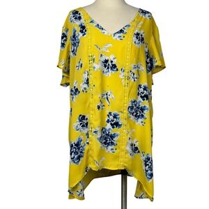 Pioneer Woman Yellow and Blue Floral Lace Trim Tunic Blouse Women's XXL High Low